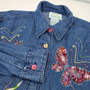 Quacker Factory, Denim Long Sleeve, Butterfly/Flower, Beaded/Sequins, M‎